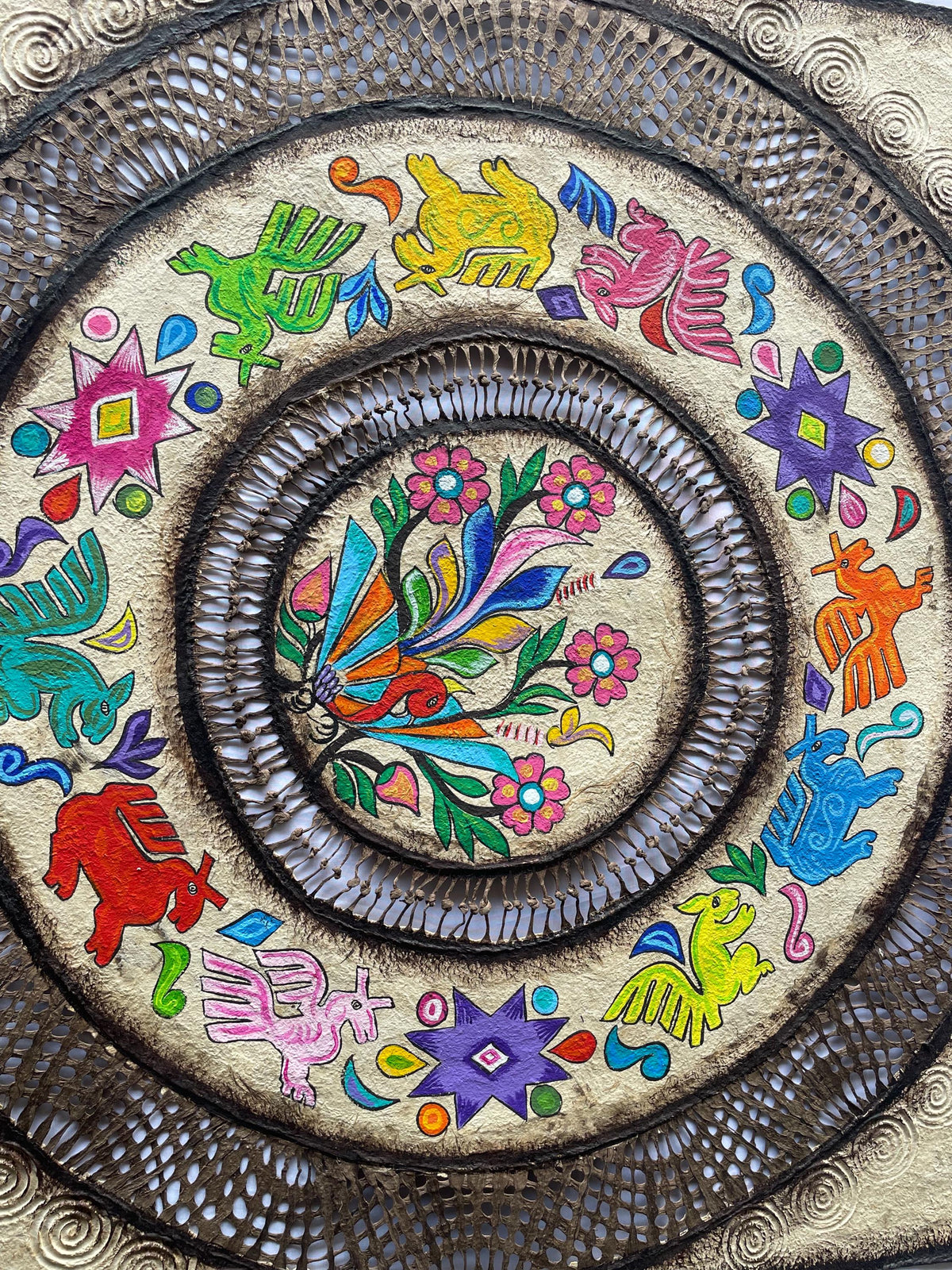 Arte Patrimonial Mexicano sobre Papel Amate, Obra Original con Pigmentos Naturales de Jonote, Arte Otomi de Colección 80 cm x 80 cm