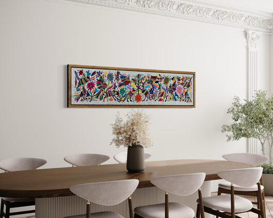 Enorme Bordado Tenango Hecho a Mano en Multicolor-Tapizado Otomi XXL 191 cm x 45 cm (SIN MARCO)