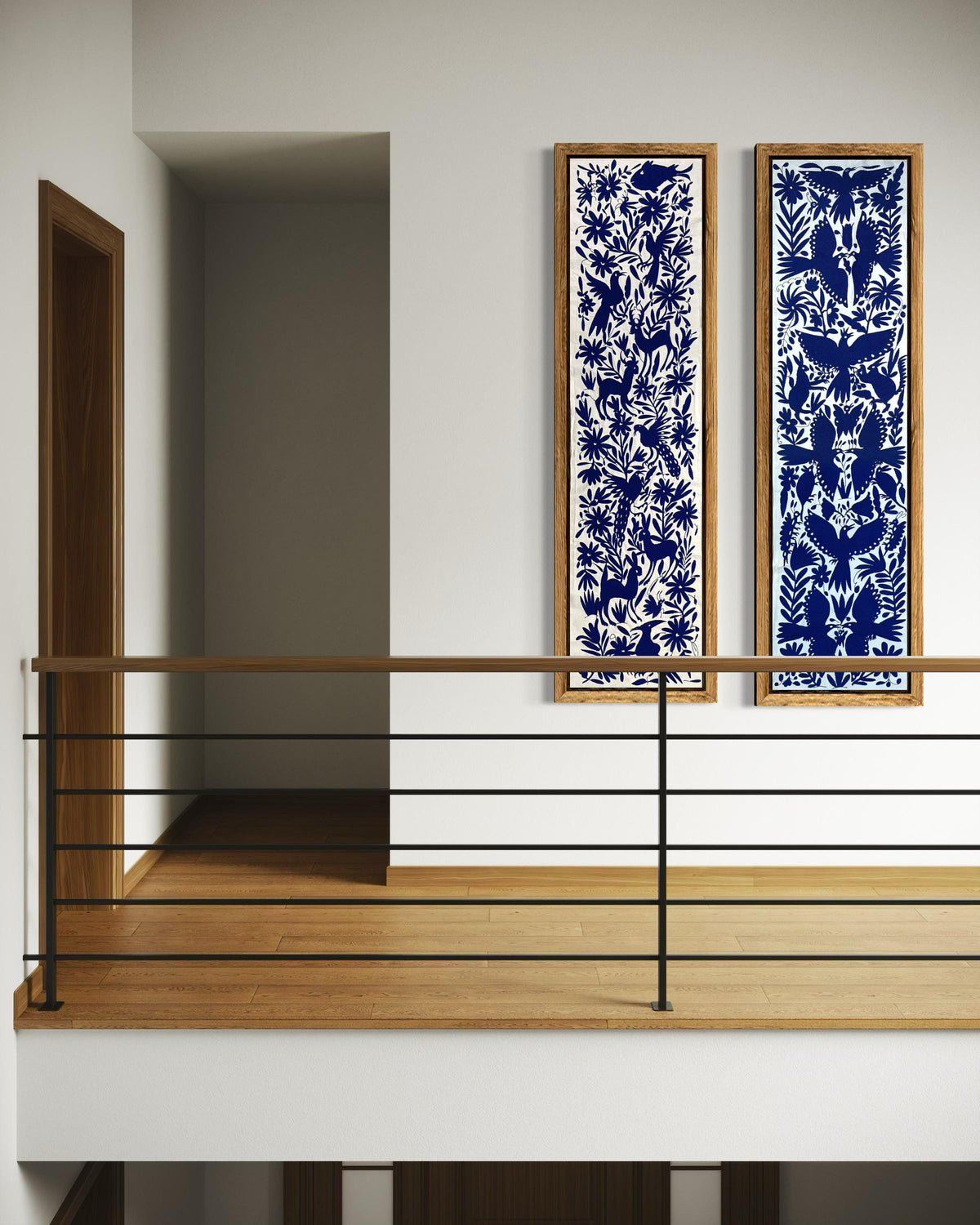 Enorme Bordado Tenango Hecho a Mano en  Color Azul Marino-Tapiz Otomi en en Formato Vertical XXL 189 cm x 44 cm-Arte Mexicano (SIN MARCO)