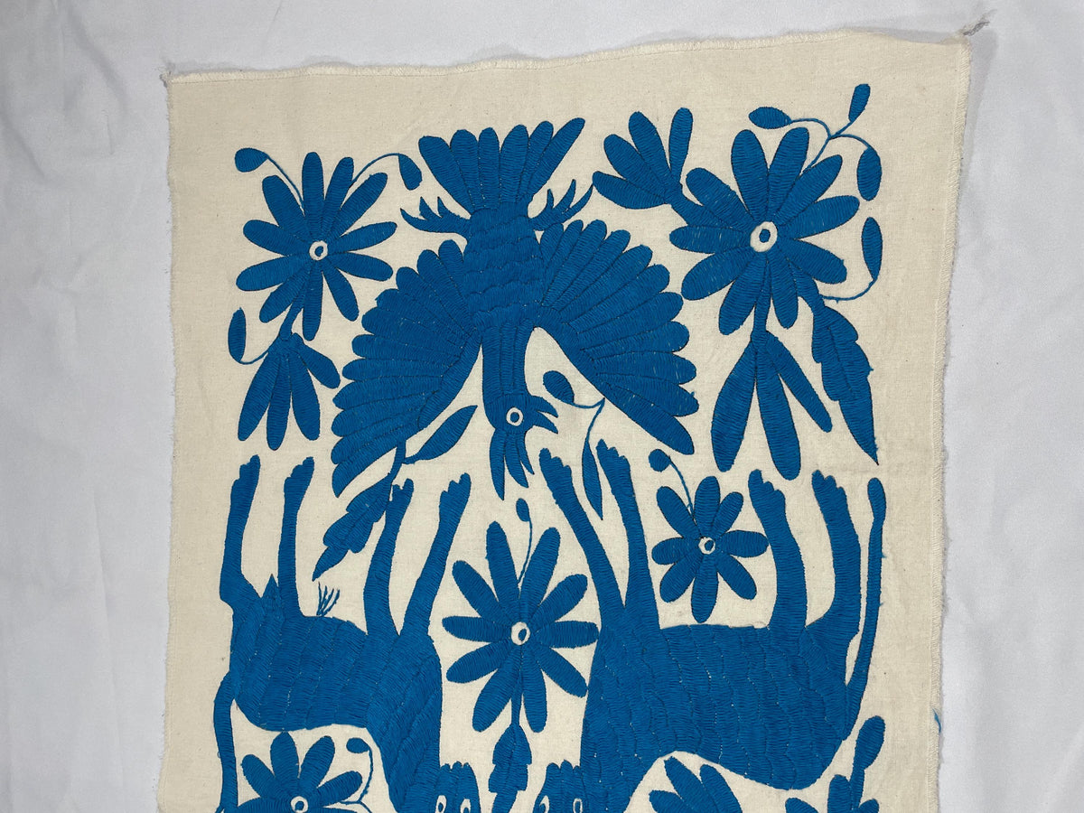 Tapizado Bordado Tenango Hecho a Mano-Arte Otomí Mexicano Moderno en Color Azul Turquesa XL 96 cm x 45 cm-(SIN MARCO)
