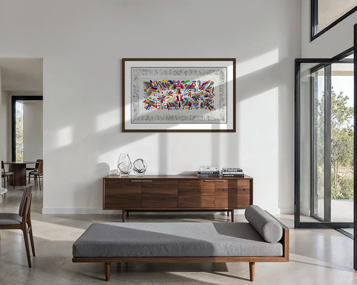 Arte Mural Mexicano Hecho a Mano en Papel Amate y Bordado Tenango-Arte Otomi Moderno en Formato Horizontal XXL 47.2 x 27.5 (SIN MARCO)