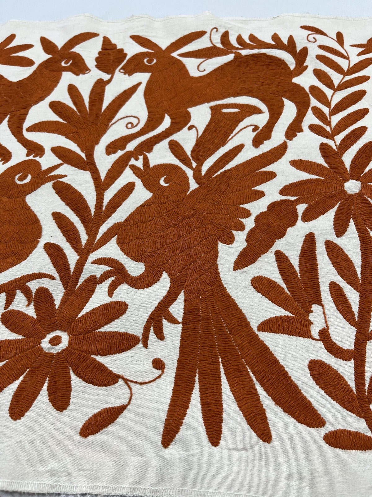 Gran Bordado Tenango Hecho a Mano-Bordado Otomí  en Color Ladrillo XL 95 cm x 45 cm-Tapizado Mexicano Moderno (SIN MARCO)