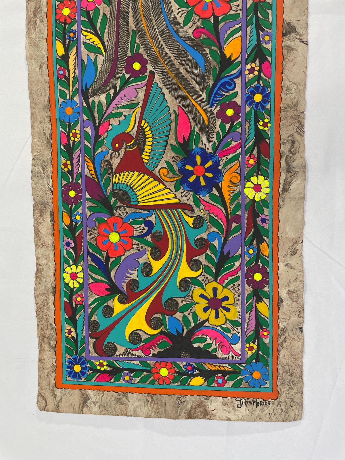 Arte Mexicano de Aves Exóticas sobre Papel Amate, Pintura Hecha a Mano, Decoración de Pared de Lujo/Obra Original 120 cm x 40 cm (Sin Marco)