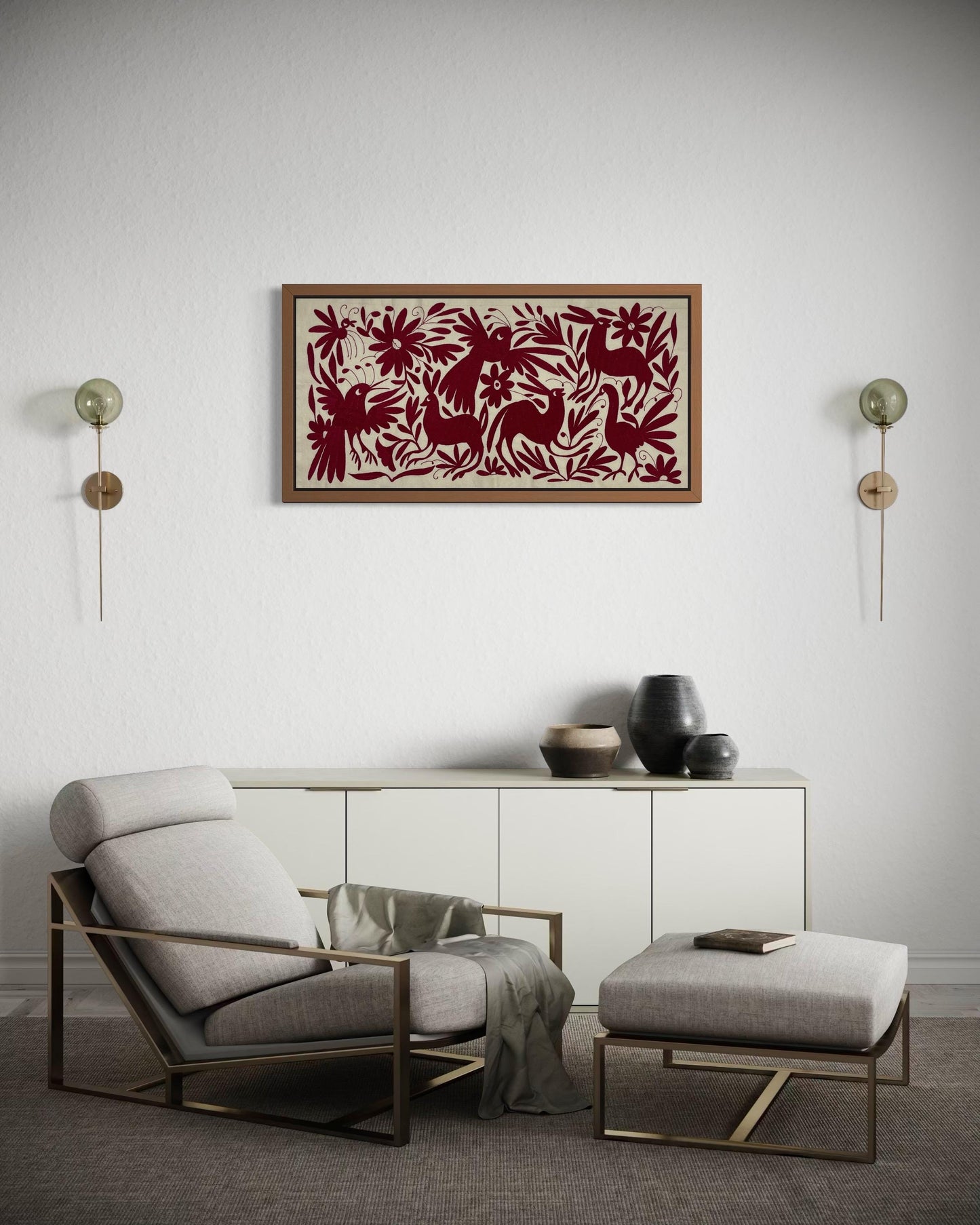Bordado Tenango Hecho a Mano-Tapizado Otomí  en Color Vino XL 96 cm x 47 cm-Arte Mexicano Moderno (SIN MARCO)