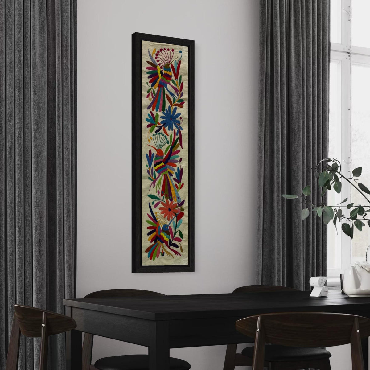 Bordado Tenango Hecho a Mano-Tapiz Otomi XL 98 cm x 23 cm-Arte Mexicano en Multicolor de Forma Vertical