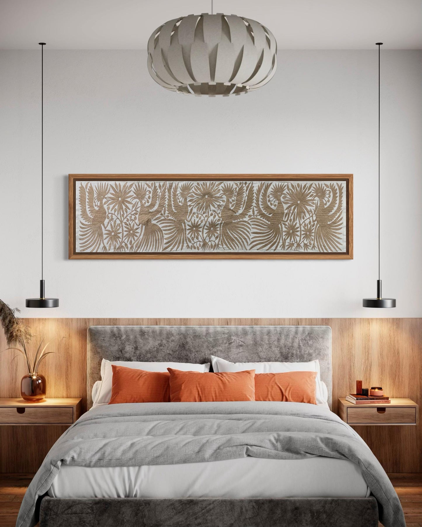 Bordado Otomi Hecho a Mano en Color Beige, Tapizado Otomi Horizontal, Textil Mexicano XXL 189 cm x 43 cm (SIN MARCO) Flores y Aves.