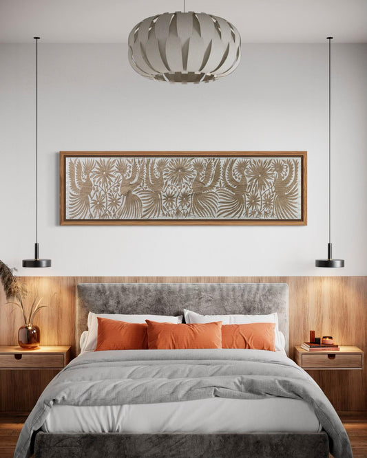 Bordado Otomi Hecho a Mano en Color Beige, Tapizado Otomi Horizontal, Textil Mexicano XXL 189 cm x 43 cm (SIN MARCO) Flores y Aves.