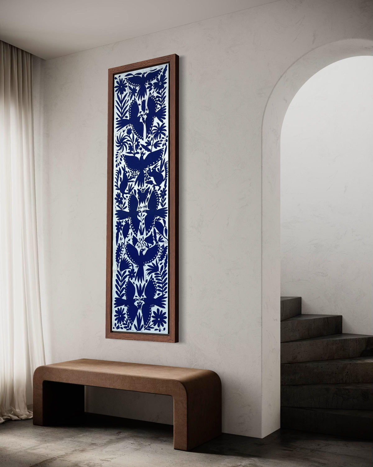 Enorme Bordado Tenango Hecho a Mano en Color Azul-Tapizado Otomi XXL 189 cm x 43 cm (SIN MARCO)