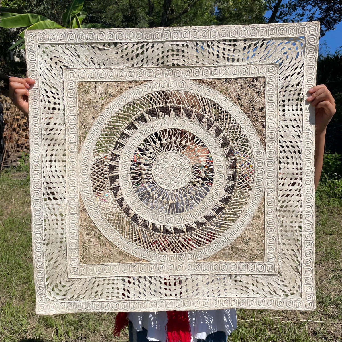 Arte Mural Mexicano en Papel Amate Hecho a Mano,Arte Otomi Tejido a Mano, XL 28 in x 28 in, Cuadro de Fibras Naturales (SIN MARCO)