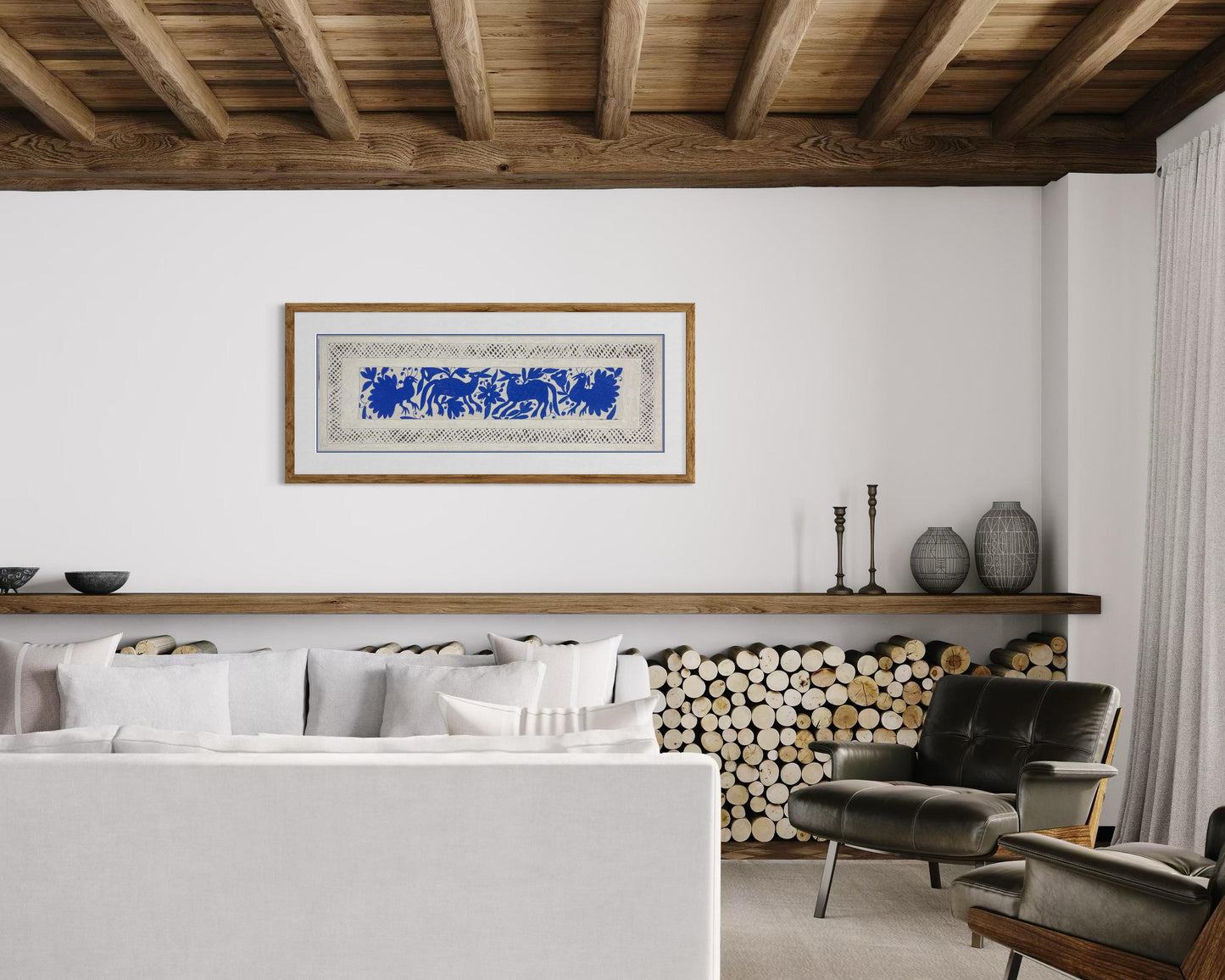 Arte Mural Mexicano en Papel Amate con Bordado de Tenango Hecho a Mano, Arte Otomi Horizontal Color Azul y Blanco XL 47,2 x 15,7 (SIN MARCO)