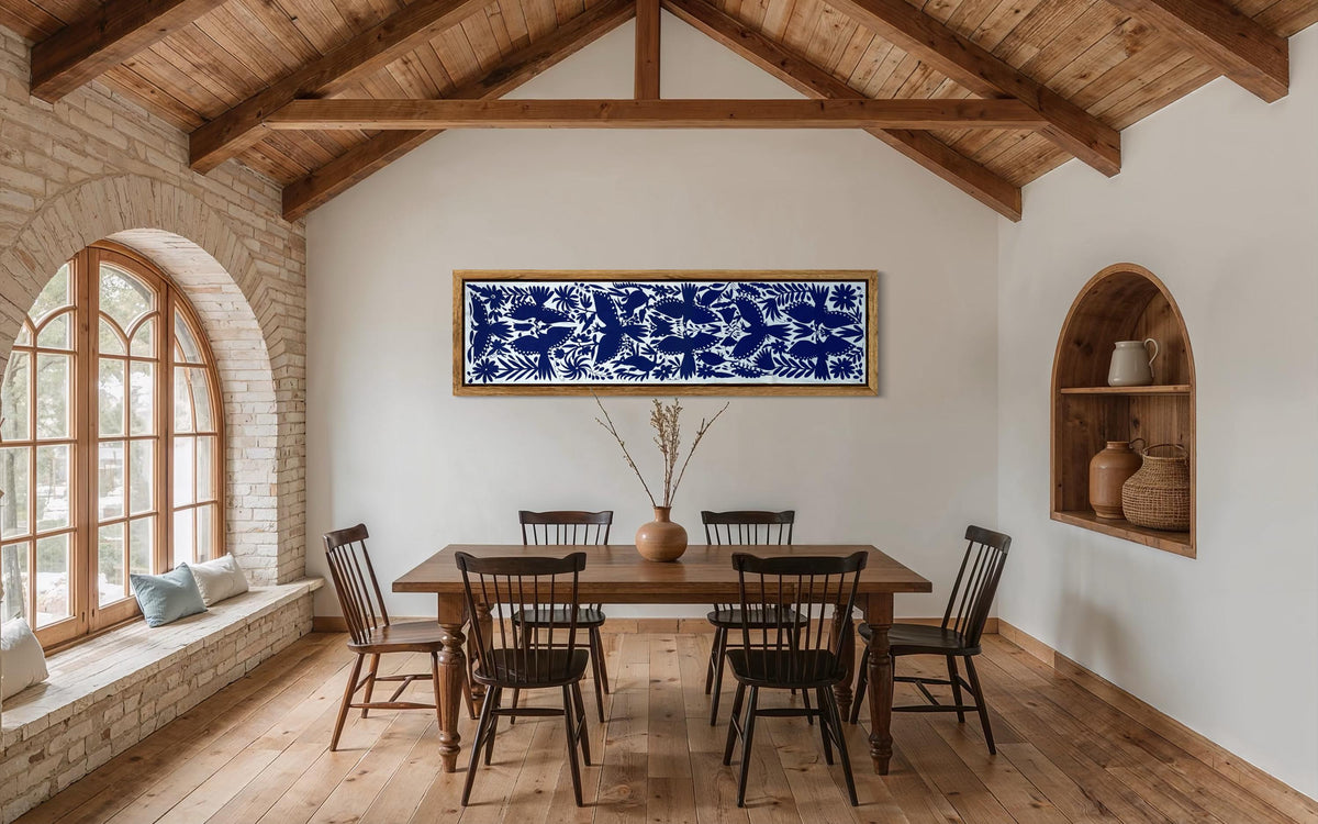 Enorme Bordado Tenango Hecho a Mano en Color Azul-Tapizado Otomi XXL 189 cm x 43 cm (SIN MARCO)