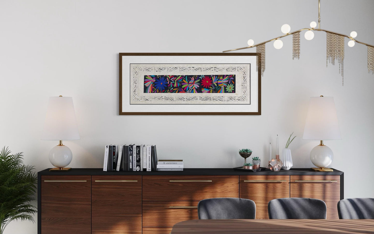 Arte Mural Mexicano en Papel Amate con Bordado de Tenango Hecho a Mano- 120 cm x 40 cm-Arte Bordado Otomí Moderno (SIN MARCO)