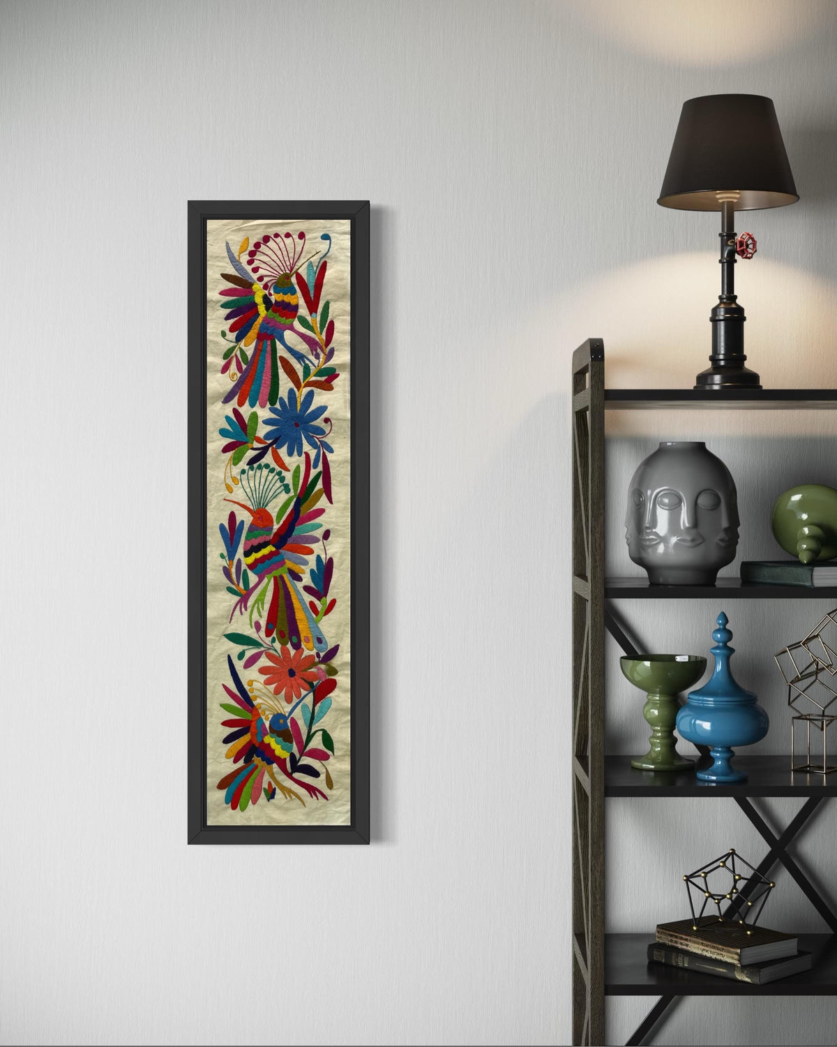 Bordado Tenango Hecho a Mano-Tapiz Otomi XL 98 cm x 23 cm-Arte Mexicano en Multicolor de Forma Vertical