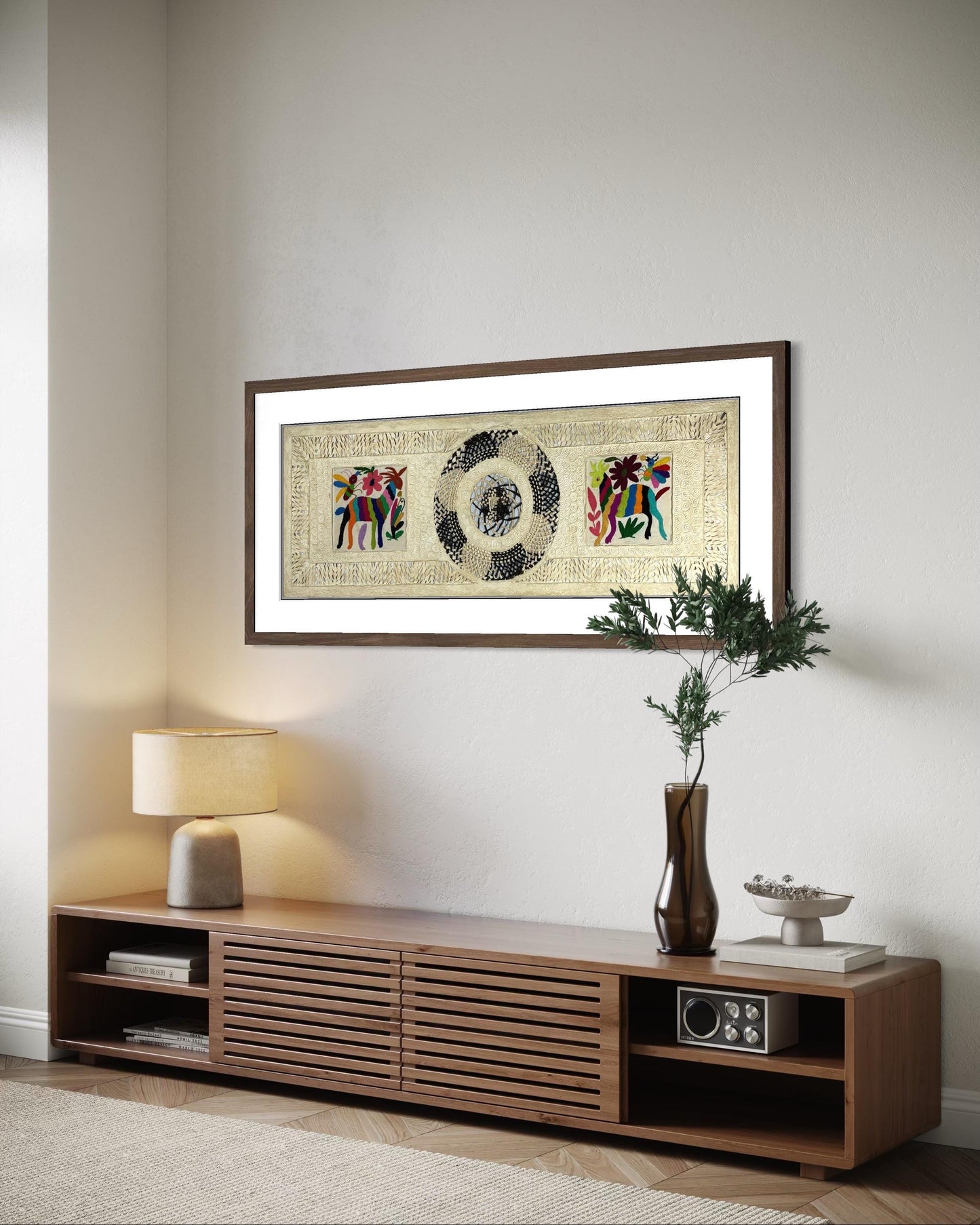 Arte Mural Mexicano en Papel Amate con Bordado de Tenango Hecho a Mano- 120 cm x 40 cm-Arte Bordado Otomí Moderno (SIN MARCO)