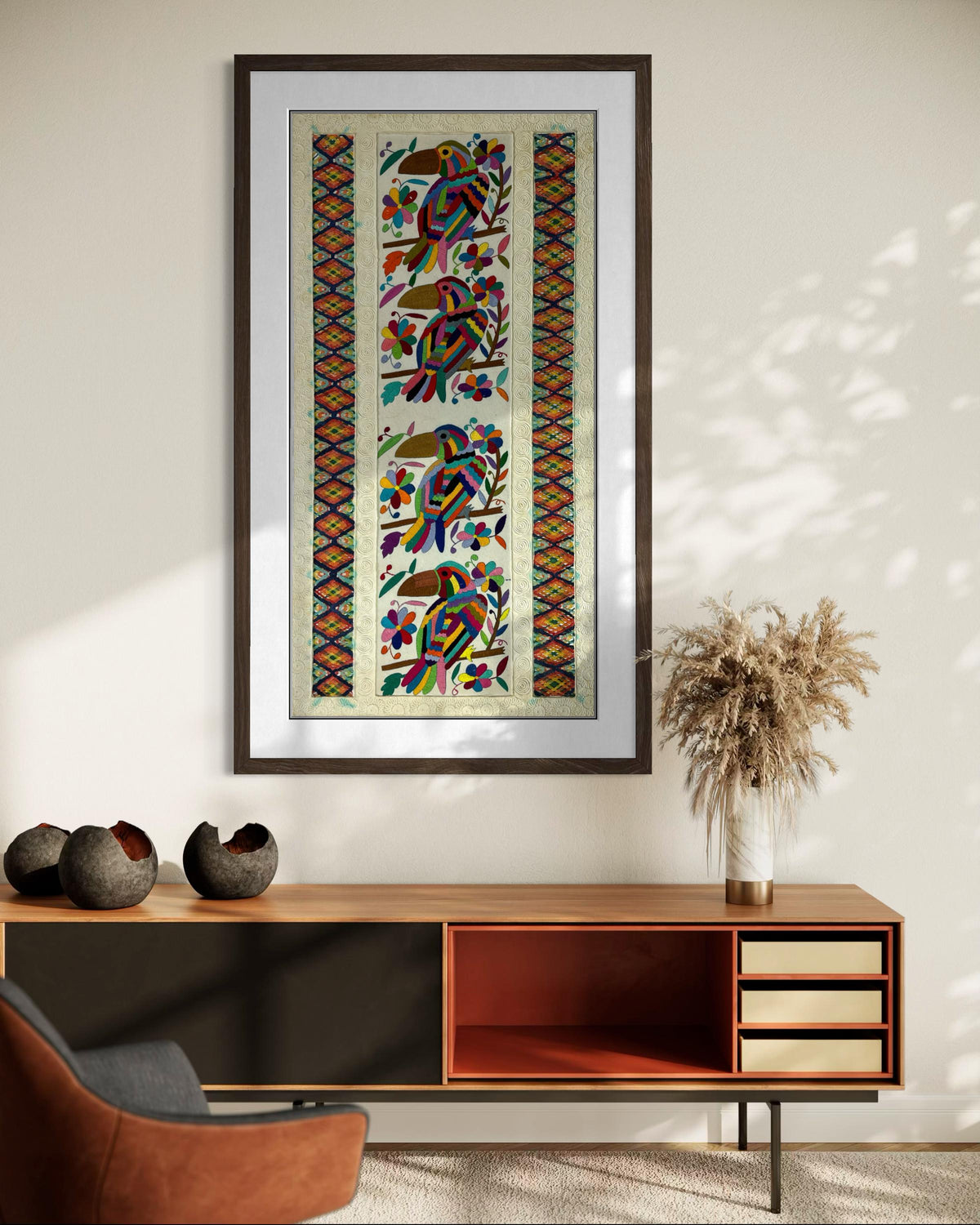 Arte Mural Mexicano en Papel Amate  y Bordado Tenango Hecho a Mano-Arte Otomi Moderno Teñido XXL 42.7 in x 23.6 in (SIN MARCO)