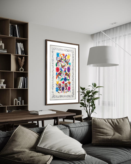Enorme Arte Mural Mexicano en Papel Amate y Bordado Tenango Hecho a Mano-Arte Otomi Moderno XXL 47.2 in x 27.5 in (SIN MARCO)