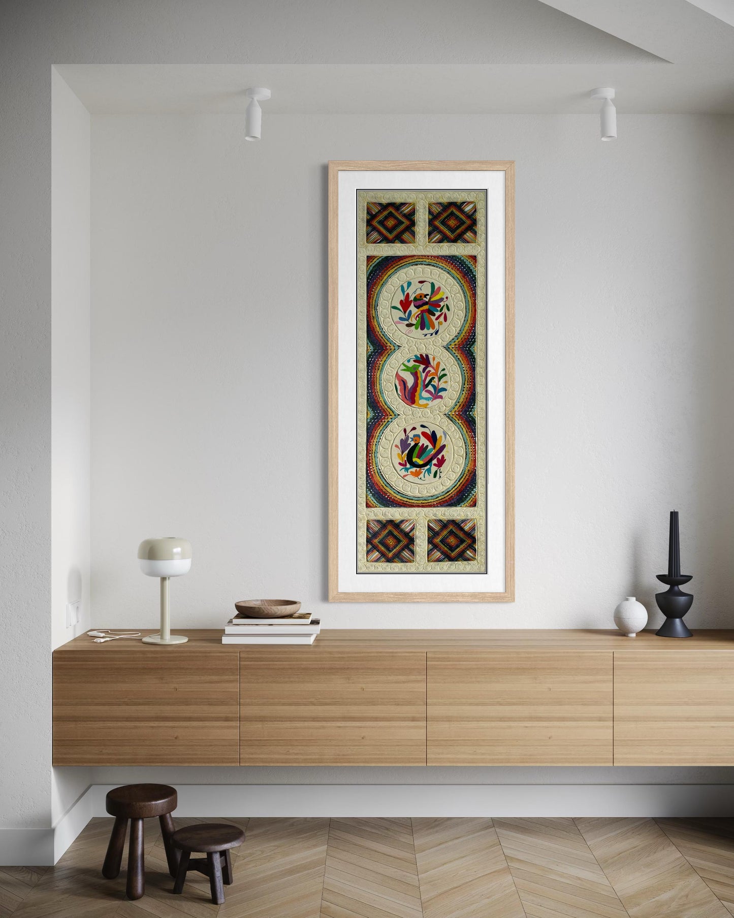 Arte Mural Mexicano En Papel Amate Teñido y Bordado Tenango Hecho a Mano- 47,2 x 15,7 -Arte Otomí Moderno (SIN MARCO)