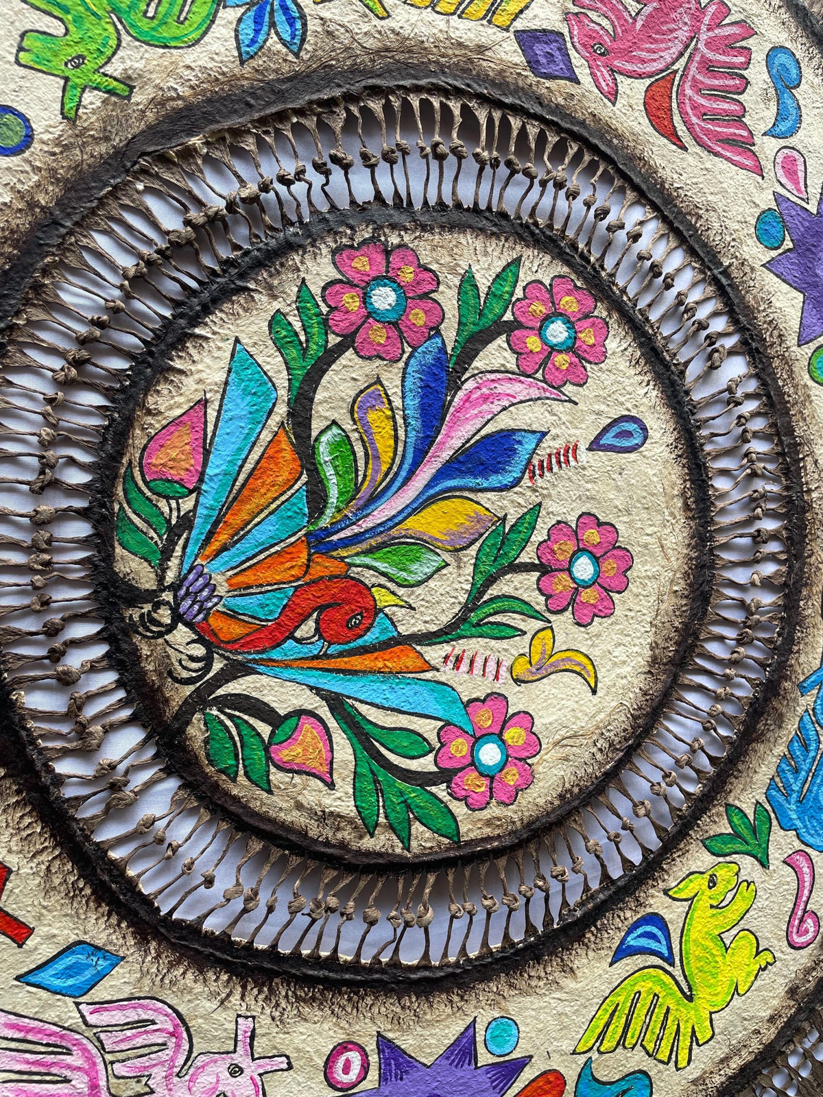 Arte Patrimonial Mexicano sobre Papel Amate, Obra Original con Pigmentos Naturales de Jonote, Arte Otomi de Colección 80 cm x 80 cm