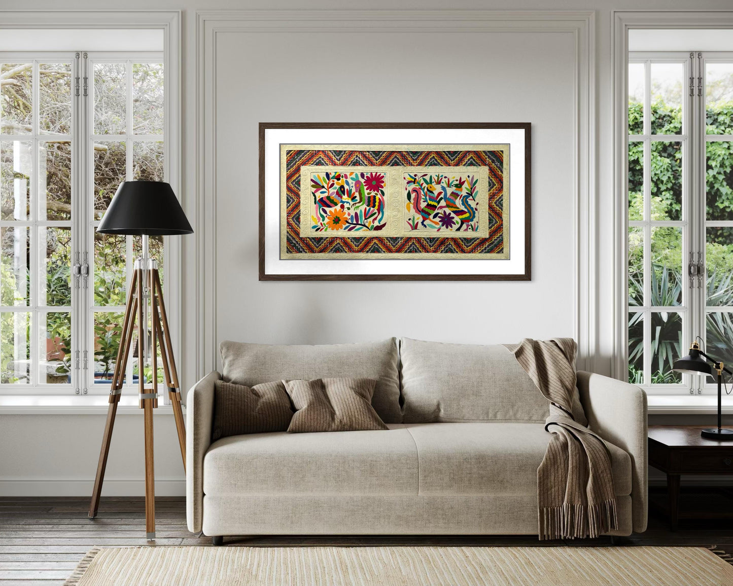 Arte Mural Mexicano en Papel Amate Teñido y Bordado Tenango Hecho A Mano - Arte Decorativo Moderno XXL de 47.2 in X 23.6 in (SIN MARCO)
