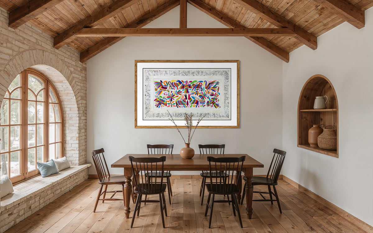 Arte Mural Mexicano Hecho a Mano en Papel Amate y Bordado Tenango-Arte Otomi Moderno en Formato Horizontal XXL 47.2 x 27.5 (SIN MARCO)