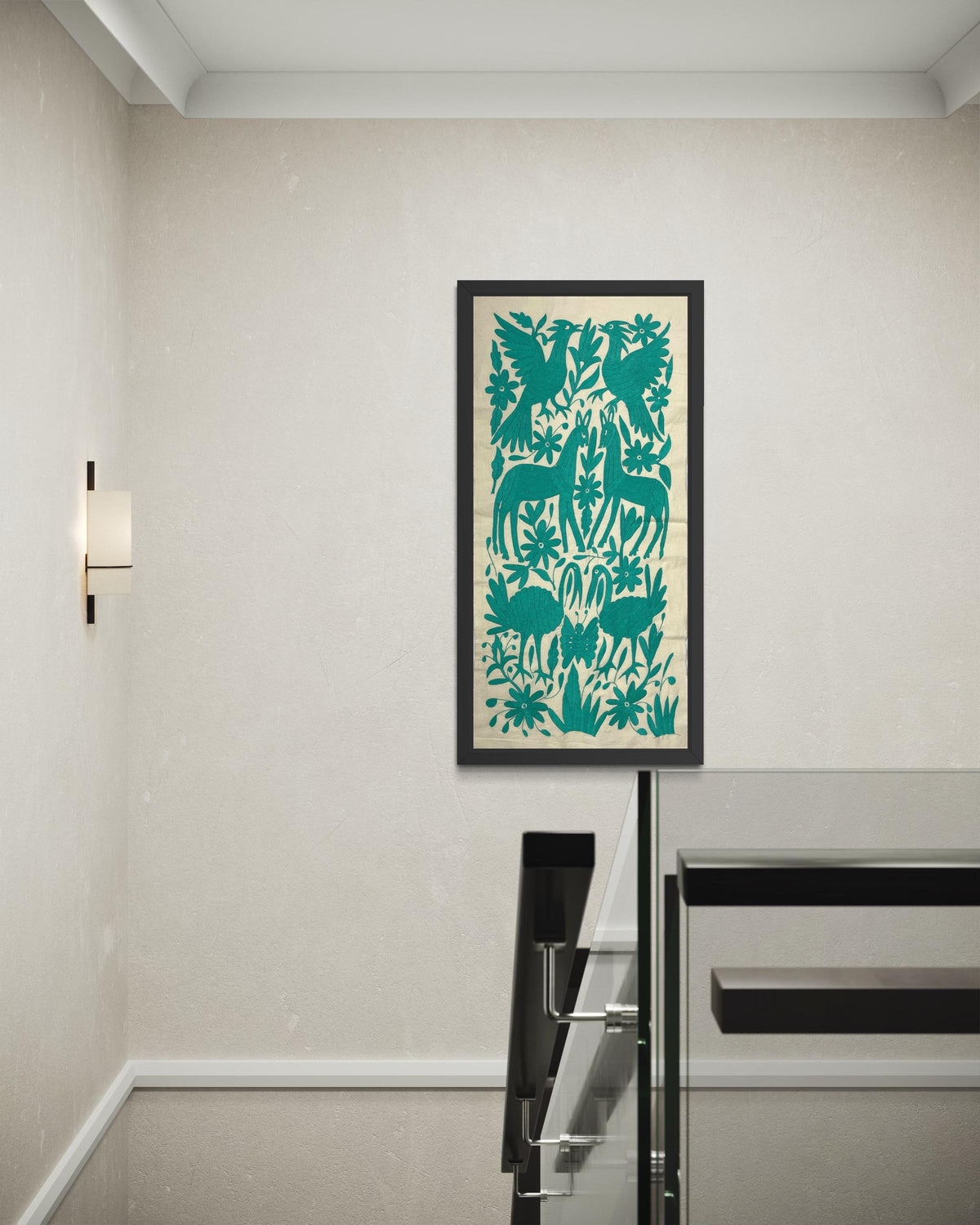 Tapizado Tenango Bordado y Hecho a Mano- Textil Otomi Mexicano Moderno en Color Verde Azulado XL 98 cm x 46 cm(SIN MARCO)