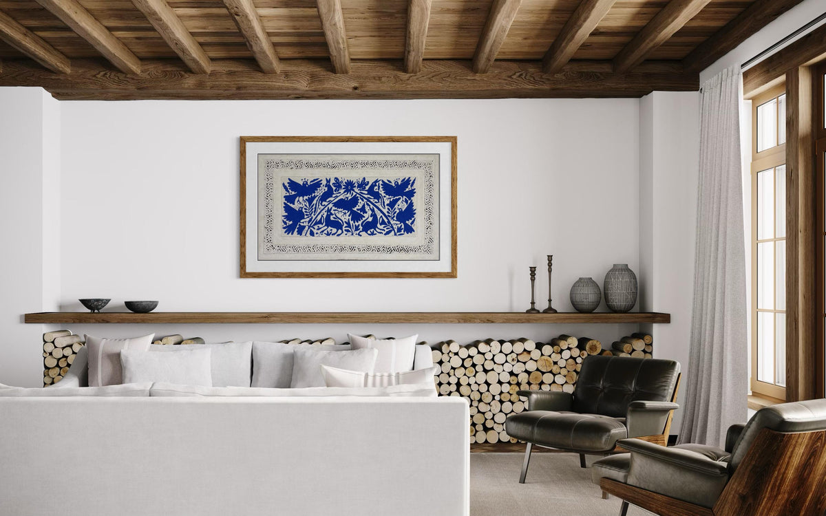 Enorme Arte Mural Mexicano en Papel Amate con Bordado Tenango Hecho A Mano Color Azul XXL 120 cm x 70 cm (SIN MARCO)