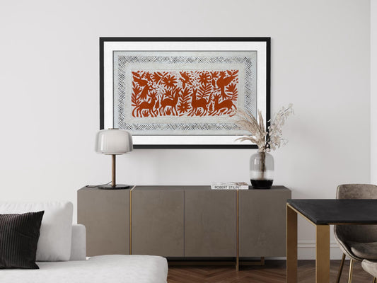 Enorme Arte Mural Mexicano en Papel Amate y Bordado Tenango Hecho a Mano-Arte Otomi Moderno Color Ladrillo XXL 47.2 in x 27.5 in (SIN MARCO)
