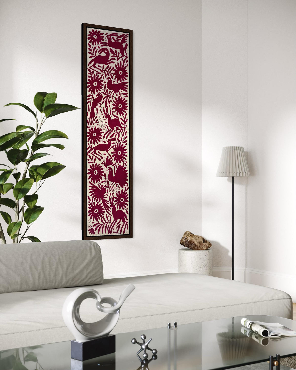 Enorme Bordado Tenango Hecho a Mano en Color Rosa-Camino de Mesa Otomí, Tapizado Tenango XXL 190 cm x 42 cm  (SIN MARCO)