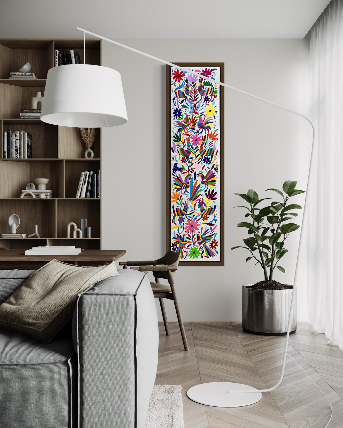 Enorme Bordado Tenango Hecho a Mano en Multicolor-Bordado Otomi en Vertical XXL 191 x 45 cm (SIN MARCO)
