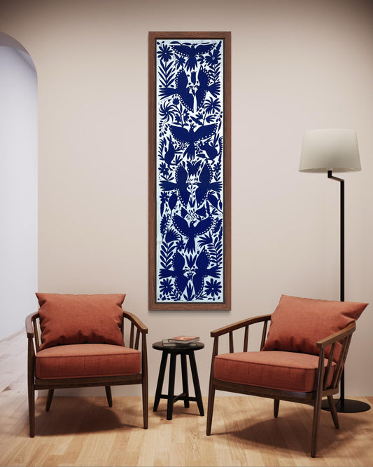 Enorme Bordado Tenango Hecho a Mano en Color Azul-Tapizado Otomi XXL 189 cm x 43 cm (SIN MARCO)