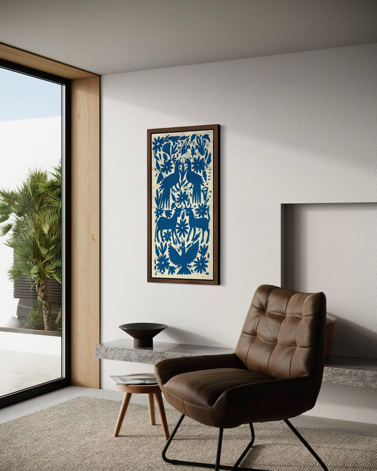 Tapizado Bordado Tenango Hecho a Mano-Arte Otomí Mexicano Moderno en Color Azul Turquesa XL 96 cm x 45 cm-(SIN MARCO)