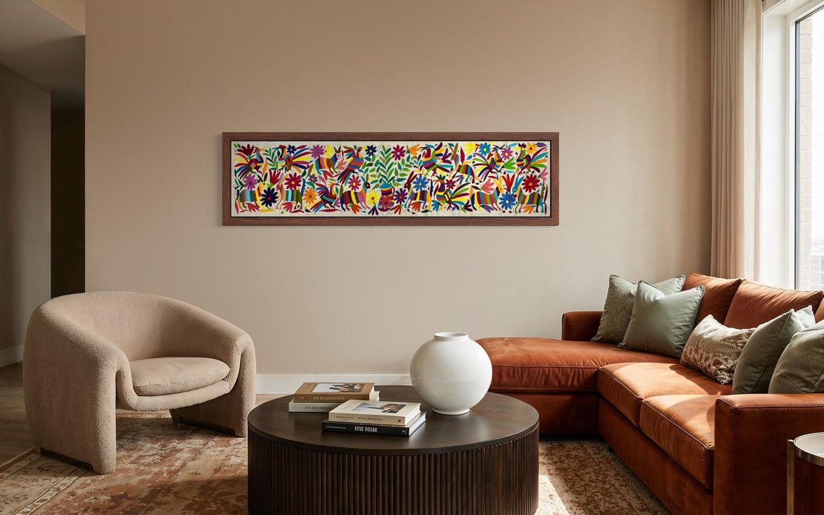Enorme Bordado Tenango Hecho a Mano en Multicolor-Tapizado Otomi XXL 189 cm x 44 cm (SIN MARCO)