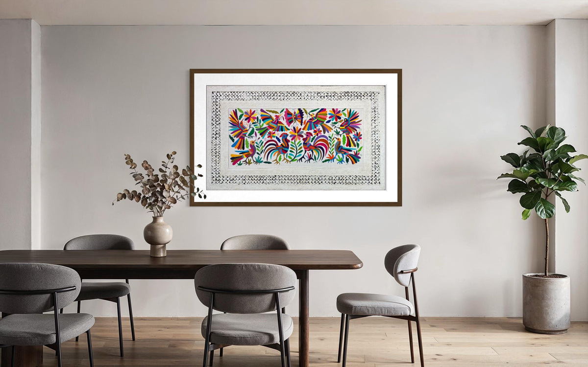 Arte Mural Mexicano en Papel Amate y Bordado Tenango Hecho A Mano - Arte de Pared Moderno XXL de 47.2 in X 27.5 in (SIN MARCO)