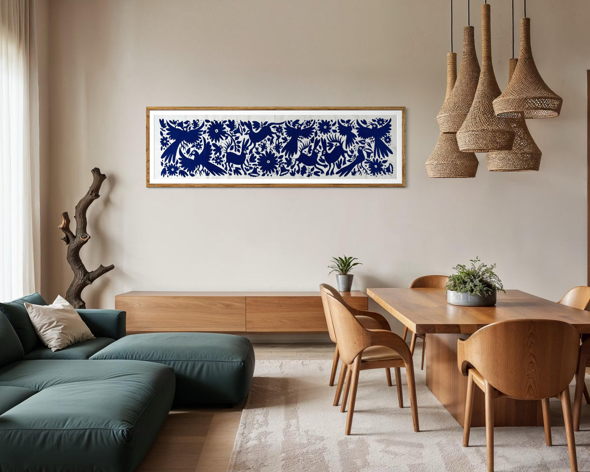 Bordado Otomi Hecho a Mano en Color Azul Marino, Tapizado Otomi Horizontal, Textil Mexicano XXL 190 cm x 44 cm (SIN MARCO) Flores y Aves.