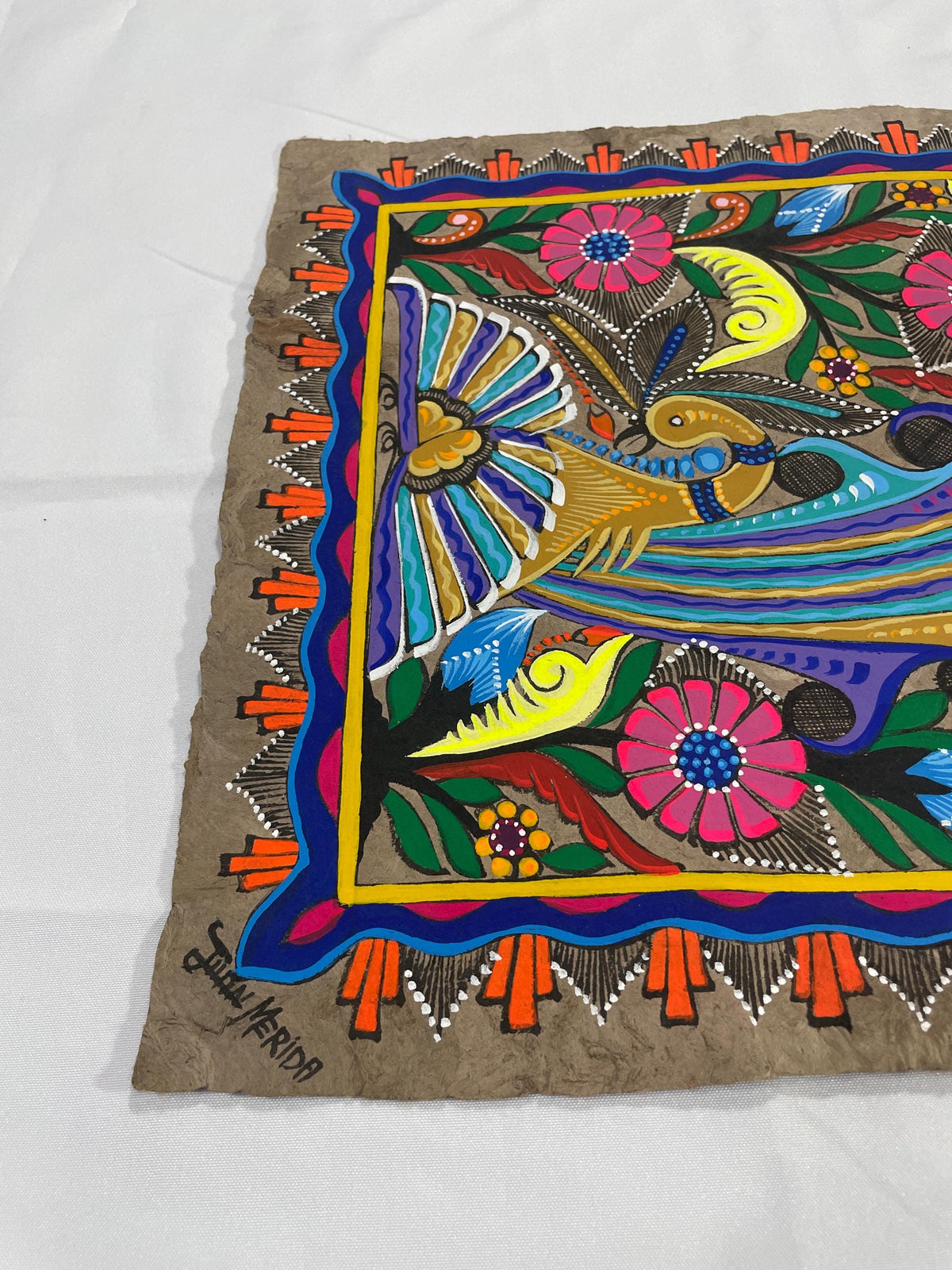 Papel Amate Mexicano Hecho a Mano,Arte Original de Ave Majestuosa y Flores Vibrantes,Obra Única de Colección, 40 cm x 60 cm (Sin Marco)