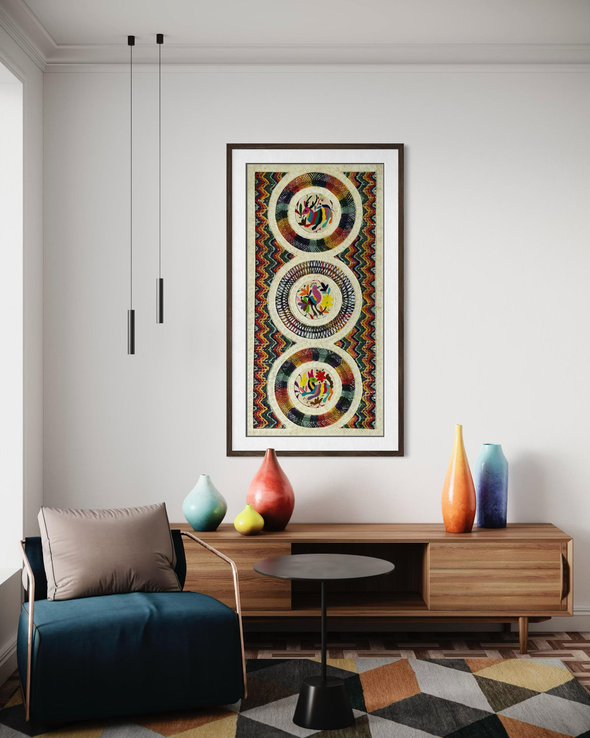 Arte Mural Mexicano en Papel Amat Teñido con Bordado Tenango Hecho A Mano-Arte Otomí Moderno XXL de 47.2 in X 23.6 in (SIN MARCO)