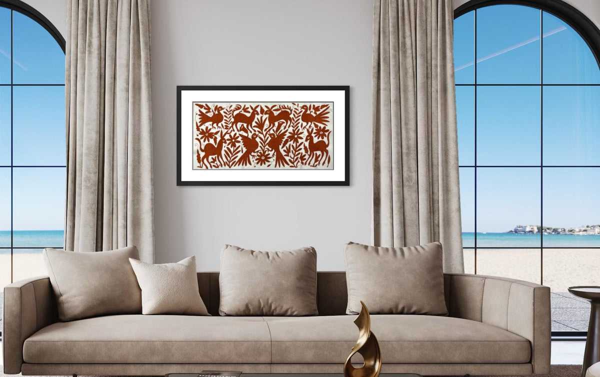 Gran Bordado Tenango Hecho a Mano-Bordado Otomí  en Color Ladrillo XL 95 cm x 45 cm-Tapizado Mexicano Moderno (SIN MARCO)