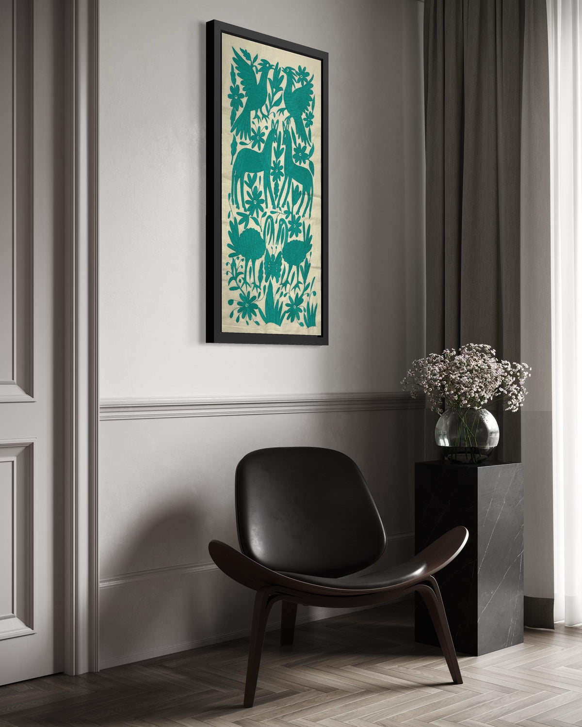 Tapizado Tenango Bordado y Hecho a Mano- Textil Otomi Mexicano Moderno en Color Verde Azulado XL 98 cm x 46 cm(SIN MARCO)