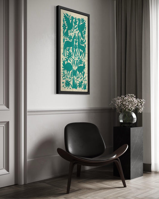 Tapizado Tenango Bordado y Hecho a Mano- Textil Otomi Mexicano Moderno en Color Verde Azulado XL 98 cm x 46 cm(SIN MARCO)