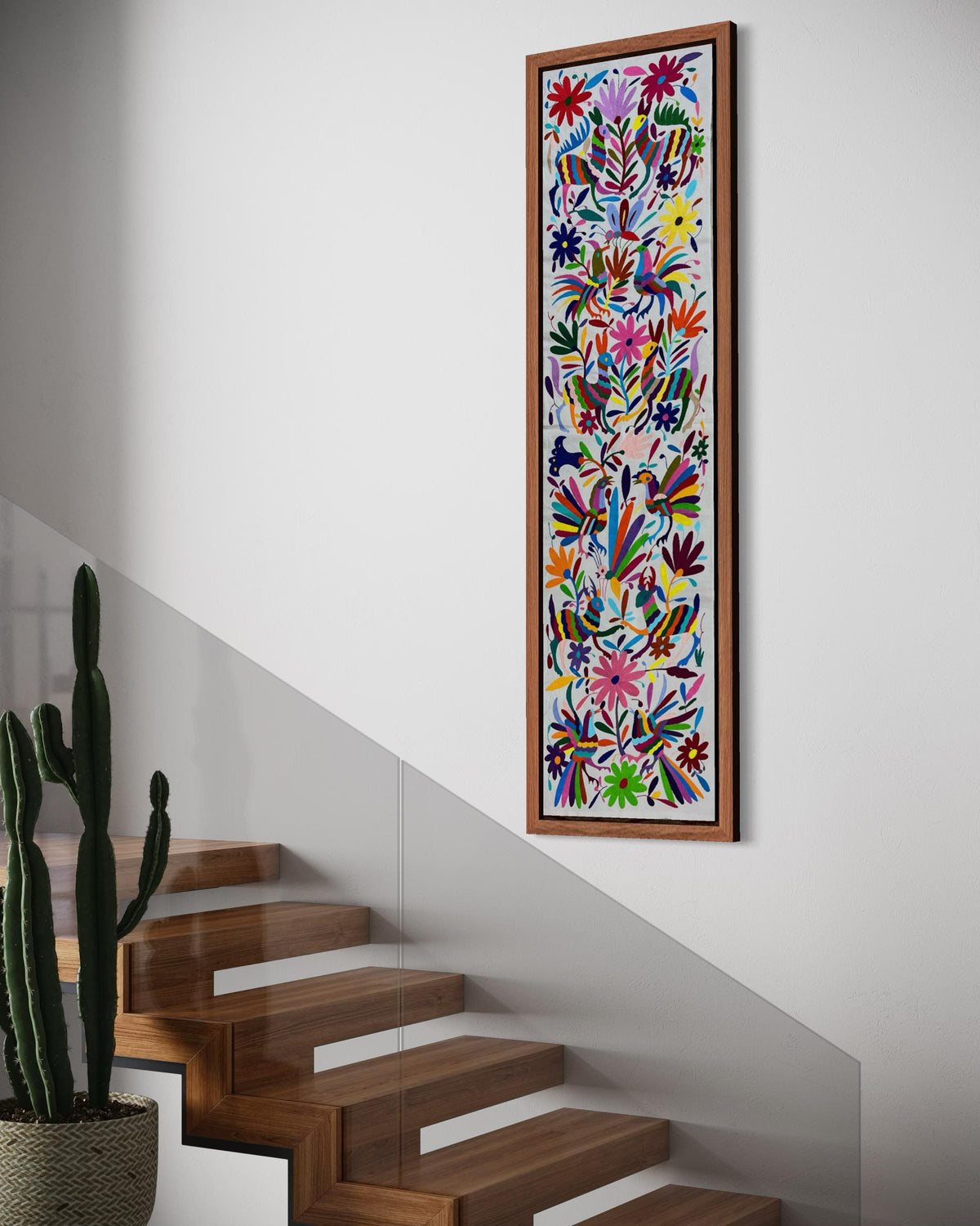 Enorme Bordado Tenango Hecho a Mano en Multicolor-Bordado Otomi en Vertical XXL 191 x 45 cm (SIN MARCO)