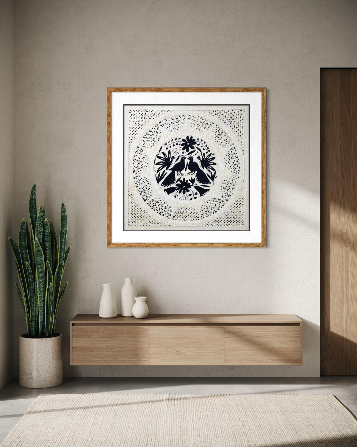 Arte Mural Mexicano en Papel Amate y Bordado Tenango Hecho a Mano en Colo Negro-XL 31 x 31-Arte Otomí Moderno (SIN MARCO)