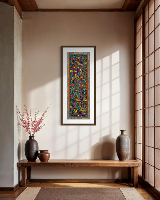 Arte Mexicano de Aves Exóticas sobre Papel Amate, Pintura Hecha a Mano, Decoración de Pared de Lujo/Obra Original 120 cm x 40 cm (Sin Marco)