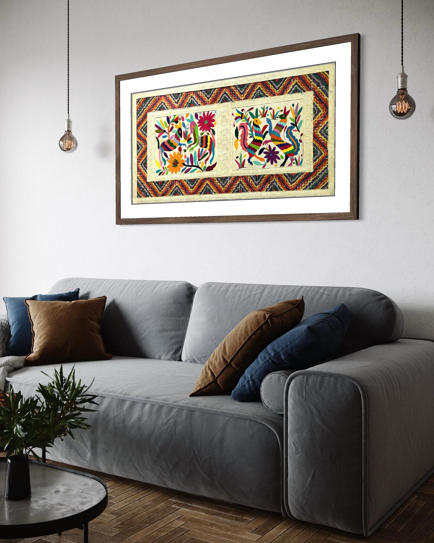 Arte Mural Mexicano en Papel Amate Teñido y Bordado Tenango Hecho A Mano - Arte Decorativo Moderno XXL de 47.2 in X 23.6 in (SIN MARCO)