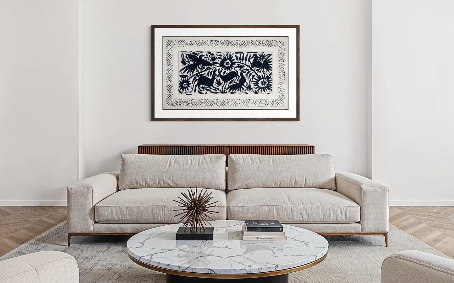 Enorme Arte Mural Mexicano en Papel Amate con Bordado Tenango Hecho A Mano en Color Negro-Arte Otomí Moderno XXL 47.2 X 27.5 (SIN MARCO)