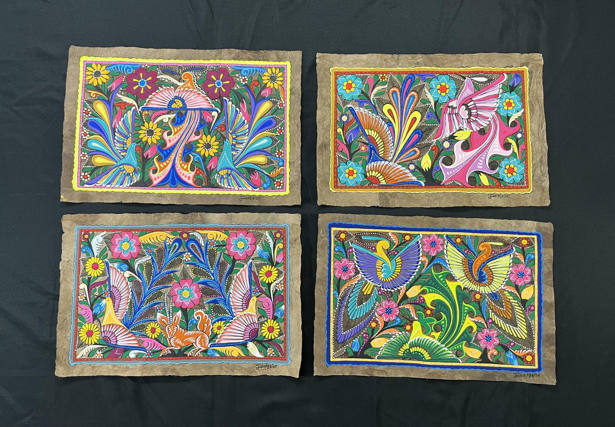 Pintura Tradicional Mexicana sobre Papel Amate Hecho a Mano, Arte Otomi Original con Aves y Flores, Obra Única de Colección (Sin Marco)