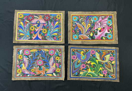 Pintura Tradicional Mexicana sobre Papel Amate Hecho a Mano, Arte Otomi Original con Aves y Flores, Obra Única de Colección (Sin Marco)
