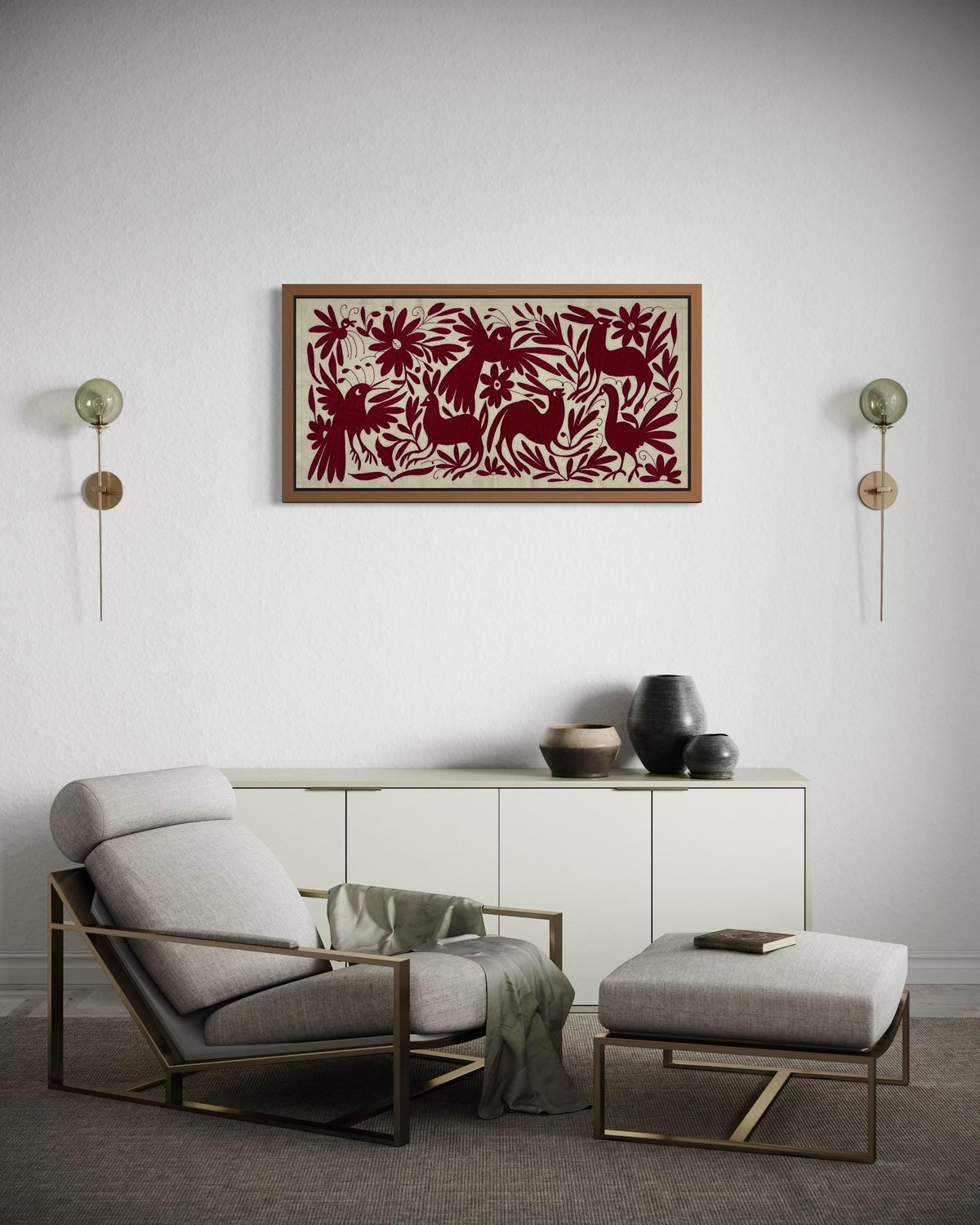 Bordado Tenango Hecho a Mano-Tapizado Otomí  en Color Vino XL 96 cm x 47 cm-Arte Mexicano Moderno (SIN MARCO)