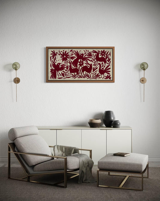 Bordado Tenango Hecho a Mano-Tapizado Otomí  en Color Vino XL 96 cm x 47 cm-Arte Mexicano Moderno (SIN MARCO)