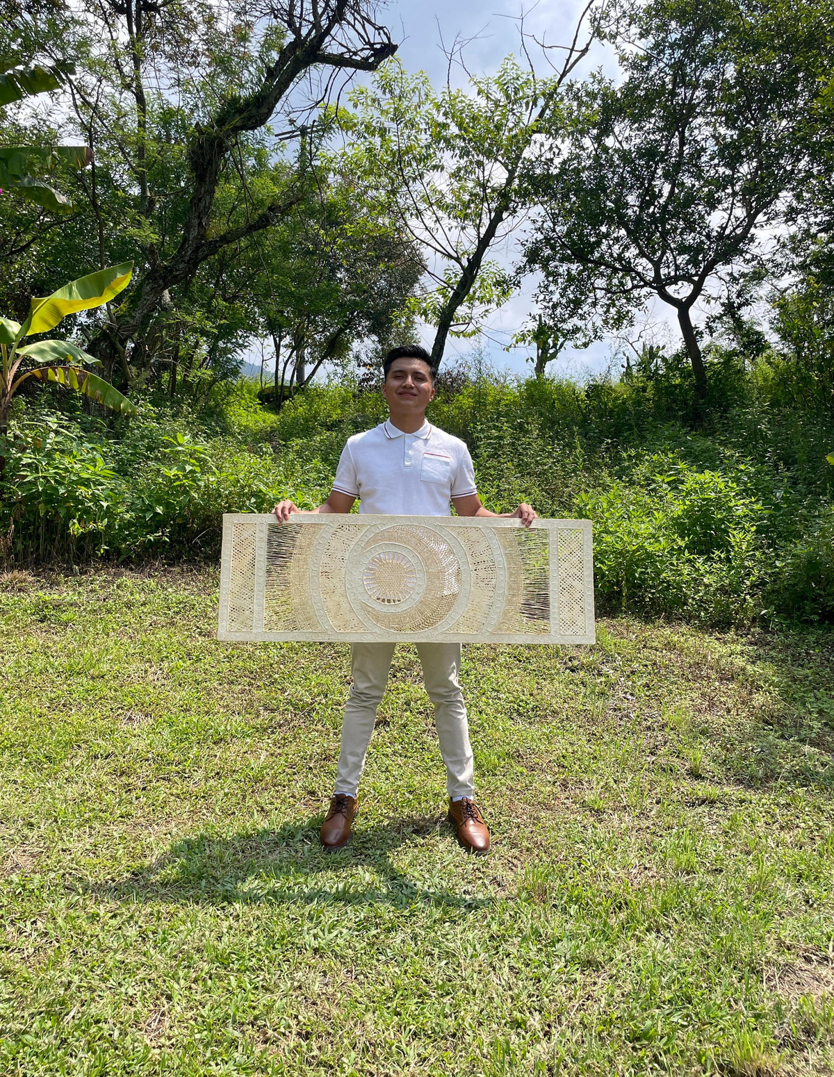 Arte de pared hecho a mano en papel amate – Medallón Otomi – Arte popular mexicano 120 cm x 40 cm– Decoración estilo boho (Sin Marco)
