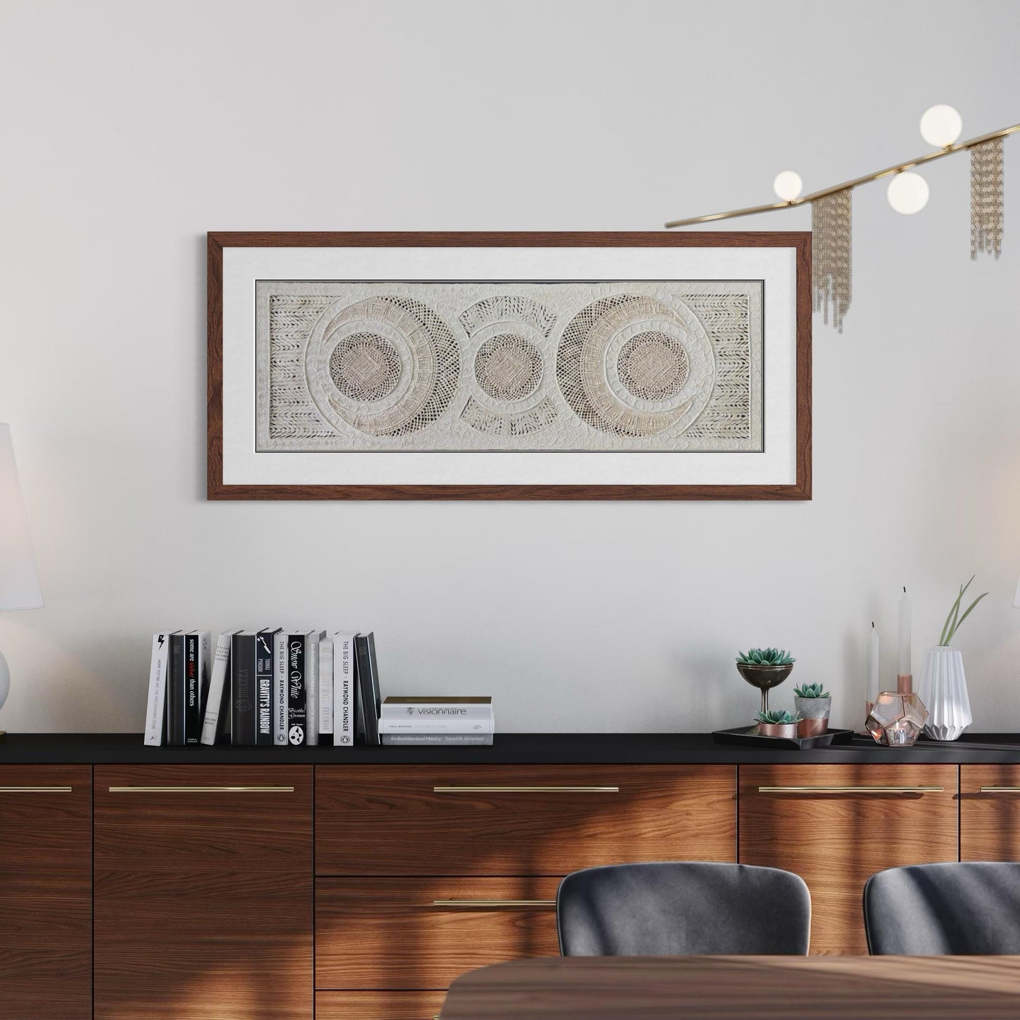 Arte Mural Mexicano Hecho a Mano de Papel Amate–Arte Mexicano Moderno, 47.2 x 15.7 in (SIN MARCO) Tejido de Eclipses y Círculos